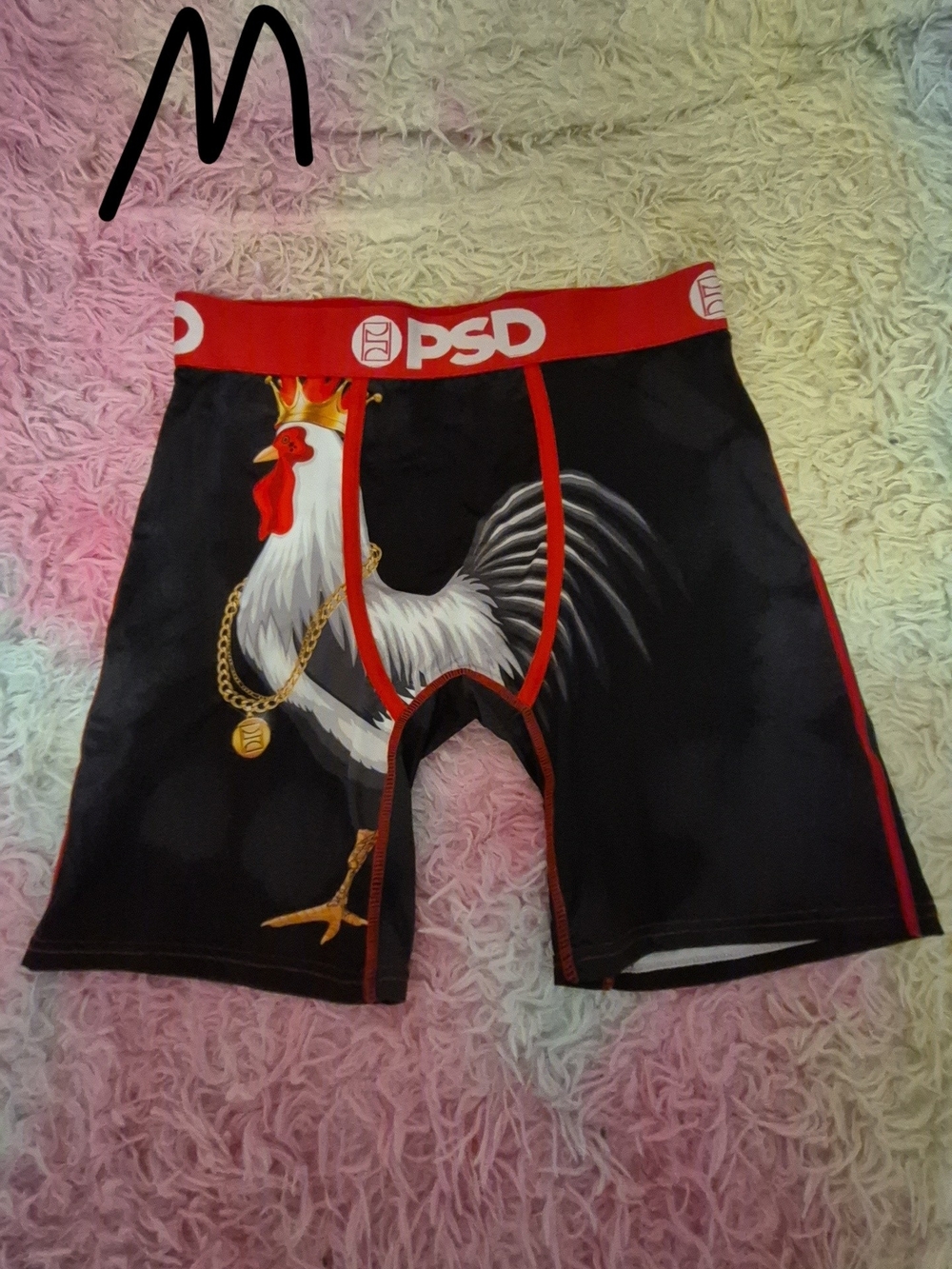 PSD Black Boxer Briefs with Red Waistband and Rooster Graphic